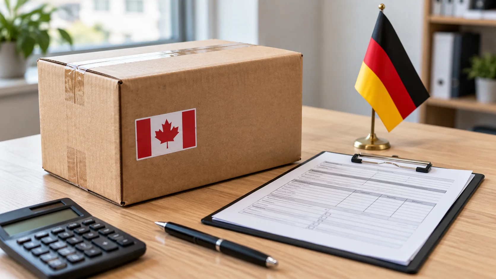 Canadian parcel beside customs paperwork, a calculator and a German flag